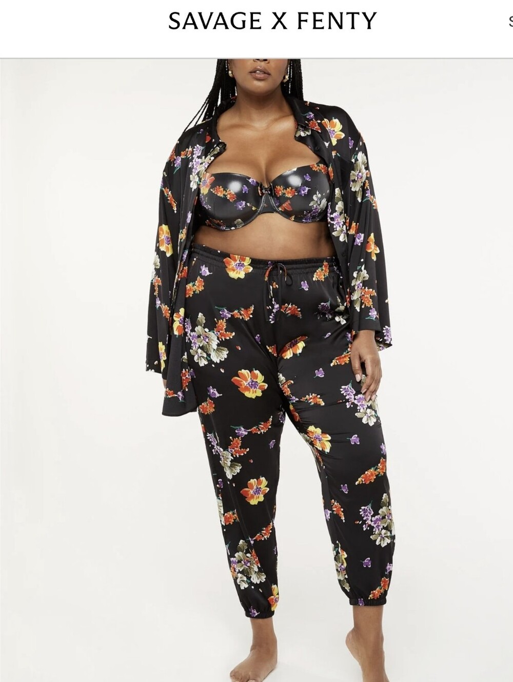 Savage X Fenty Black Floral Satin Pajama Set Two Piece Size 2X